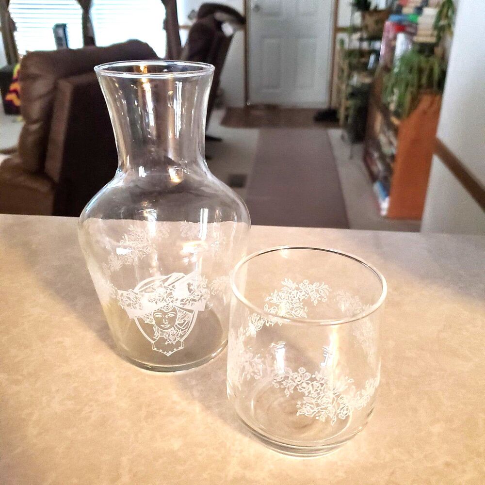 VTG Clear Glass Etched Bedside Carafe Decanter Water Glass Tumbler Set